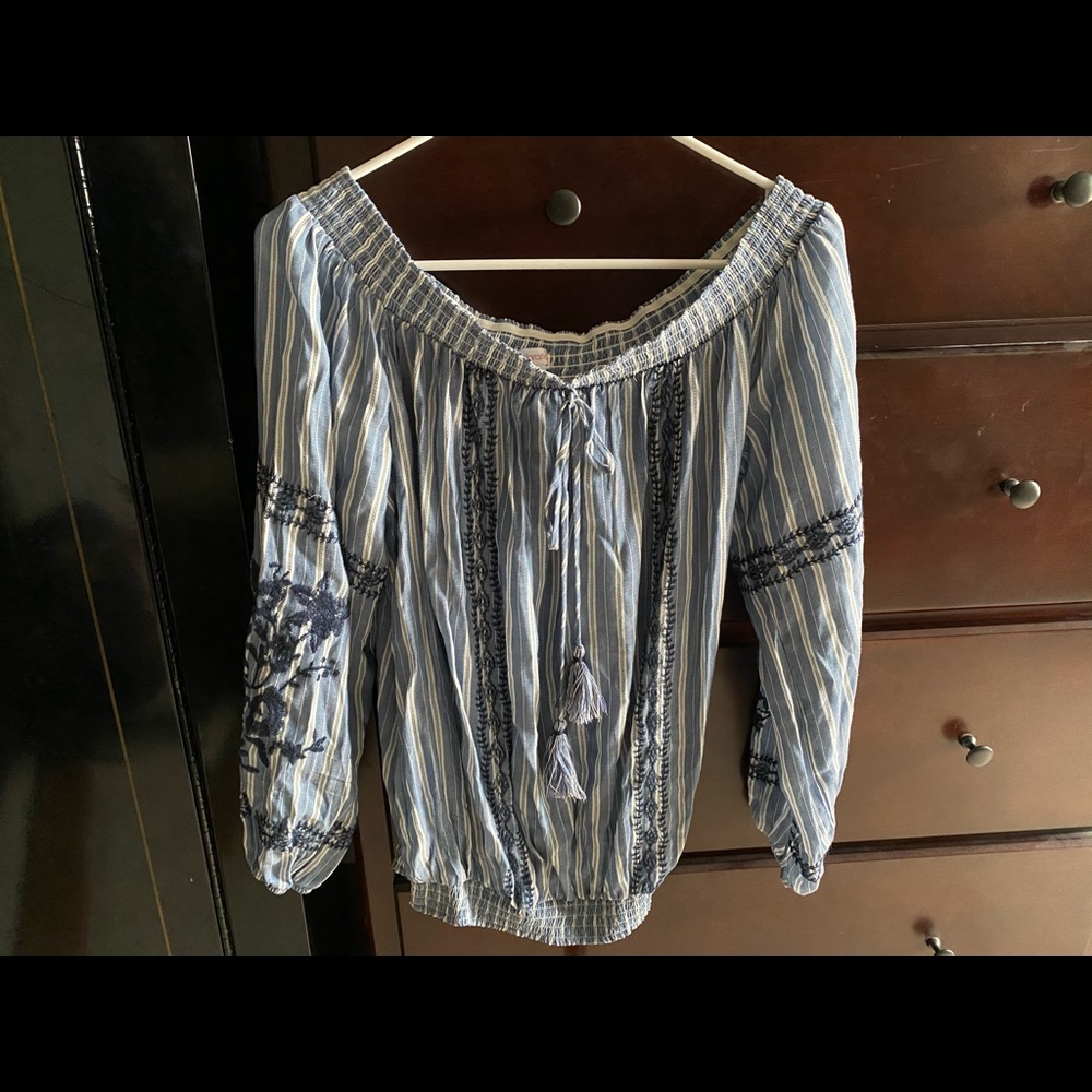 Off the shoulder blue blouse